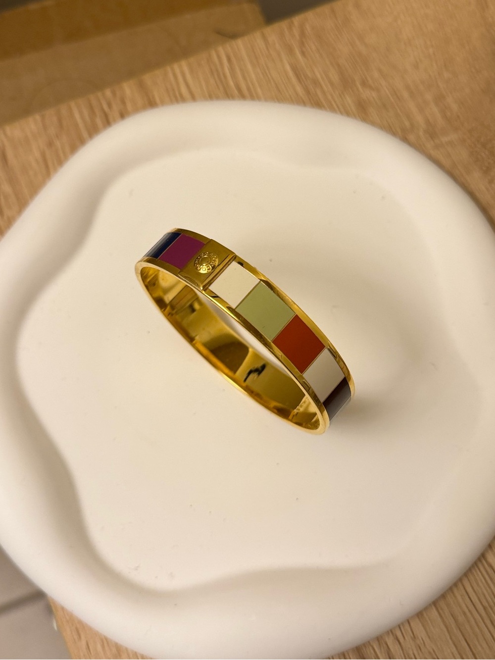 COACH Legacy Stripe Bangle 1/2” W Bracelet Gold Multicolor 8.5” Inside Designer